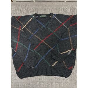 Vintage Greenwich Wool Sweater Men's XL Plaid V Neck 80% Wool Gray Red Green